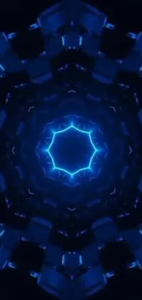 This live phone wallpaper features a captivating blue and black Kalei kaleidoscope pattern blended with hexagon lens flares, exhibiting a dazzling cosmic display