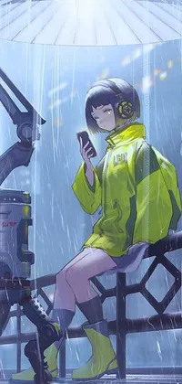 This cyberpunk-themed live wallpaper for phones features a seated female character with headphones, surrounded by a rainy cityscape
