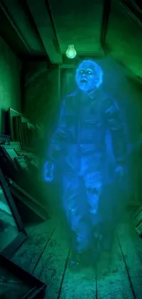 This live wallpaper features an eerie man in a shadowy room with green and holographic glows