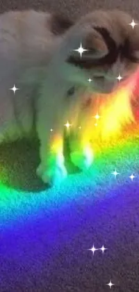 Transform your phone's home screen with this captivating live wallpaper! The design features a charming cat in front of a dynamic rainbow holographic light