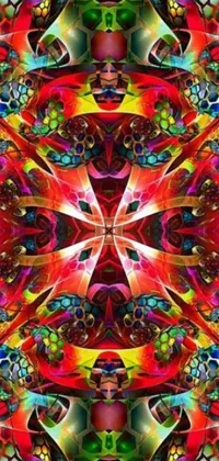 This phone live wallpaper is a stunning display of kaleidoscope-like patterns in red, yellow, and green hues