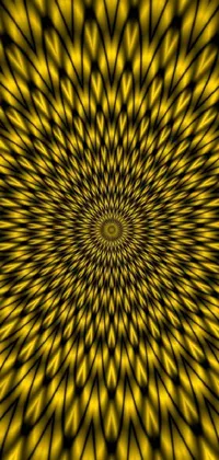 This live phone wallpaper features a beautiful computer-generated yellow flower set against an optical illusion backdrop in gold and black