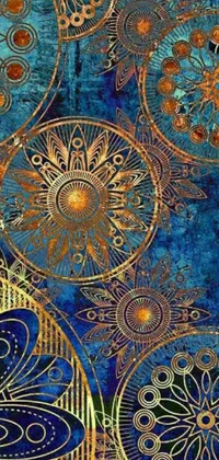 This phone live wallpaper showcases a beautiful blue and gold Art Nouveau design with galactic dreamcatchers, intricate copper details, and a vibrant eclipse against a deep blue sky