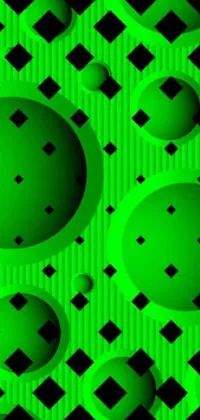This live phone wallpaper features green circles and squares on a black background, creating a mesmerizing polycount and op art inspired design