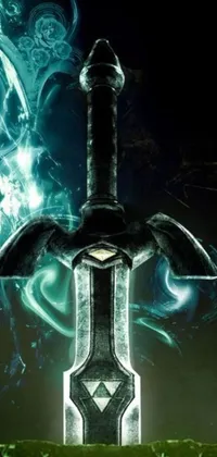 This live wallpaper features a sword resting on a lush green field, decorated with dark runes etched into its blade
