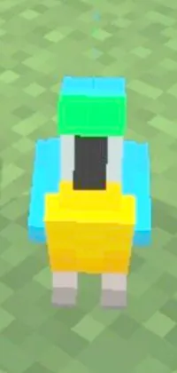 This phone live wallpaper showcases an adorable blue and yellow Minecraft-style robot atop a lush green field