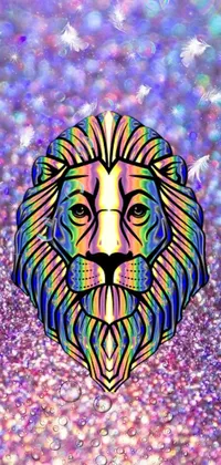 This lion live wallpaper features a close-up of a lion's face on a glitter background in a vibrant, digital-rendered style