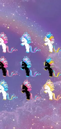 This charming live wallpaper features a group of brightly colored ponies standing in a row, against the backdrop of a celestial universe