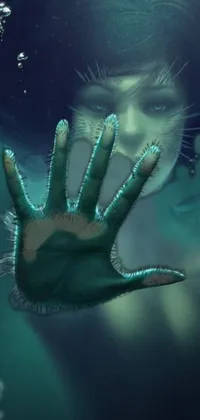 This digital phone wallpaper showcases a mesmerizing closeup of a submerged hand