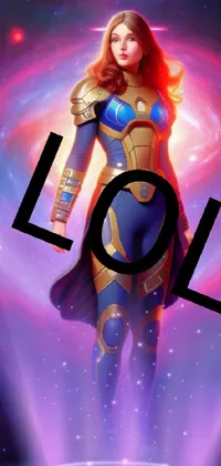This live wallpaper features a space-themed background with a woman wearing Thanos-inspired armor and a Miss Fortune League of Legends costume