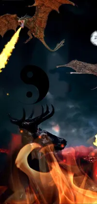 Enhance your phone's visual appeal with this awe-inspiring live wallpaper featuring a majestic stag with fiery antlers and fierce dragons soaring in the vivid sky