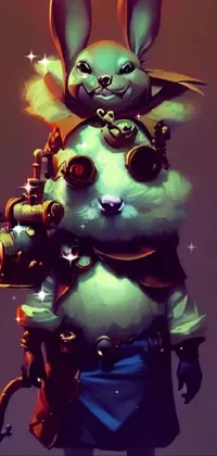 This fun phone live wallpaper features a vibrant close-up of a bunny wearing an eye-catching steampunk outfit, alongside a charming little dog sporting goggles and more steampunk attire