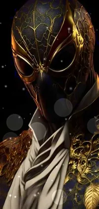 This captivating live phone wallpaper is a stunning digital rendering of a masked person adorned in an ornate suit with gold accents