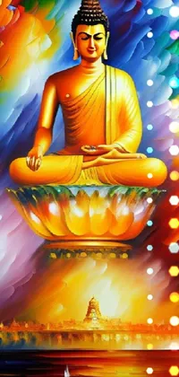 This phone live wallpaper features a colorful airbrush painting of a Buddha sitting in a lotus position