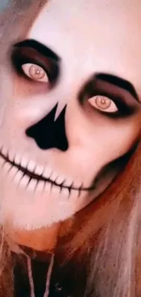 This phone wallpaper features a close-up of someone wearing a skeleton makeup with airbrush painting, inspired by a famous Hungarian artist