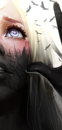 This phone live wallpaper showcases an incredible image of a woman holding her hands up in front of her face, featuring a gothic art-inspired design