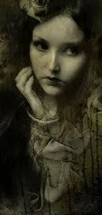 This gothic phone live wallpaper showcases a striking black and white portrait of a woman with flower-adorned hair against a sepia-toned backdrop