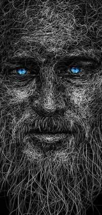 This phone live wallpaper showcases a stunning digital art drawing of a man with intense blue eyes and an intricate wire beard
