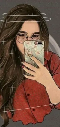 Add some life and character to your phone screen with this captivating live wallpaper! The image portrays a young lady taking a selfie with her phone, with a delightful smile on her face