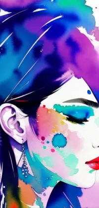 This live phone wallpaper displays a dynamic digital art piece of a woman with a face splattered with vibrant paint using a color airbrush technique, inspired by popular art trends
