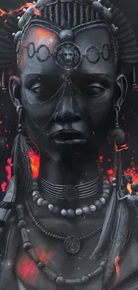 This vibrant phone live wallpaper displays a stunning painting of a woman adorned with feathered headwear inspired by Masai tribal art, arcing lines, and circles in this Afrofuturistic masterpiece