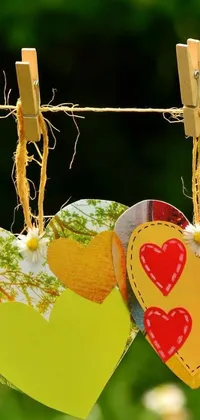 This live phone wallpaper features adorable hanging hearts on a clothes line adorned with colorful flowers and ribbons