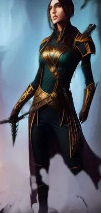 This phone live wallpaper depicts a fierce female elf warlock in black and golden armor, standing confidently with a sword in a lush forest