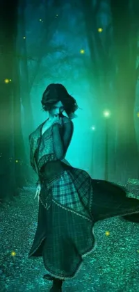 This live wallpaper portrays a woman as she walks through a forest at night