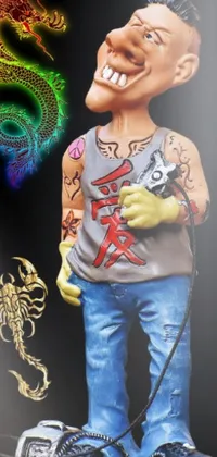 This phone live wallpaper features a detailed statue of a man with an intricate tattoo on his arm, designed with a blend of toyism and caricature for an eye-catching effect