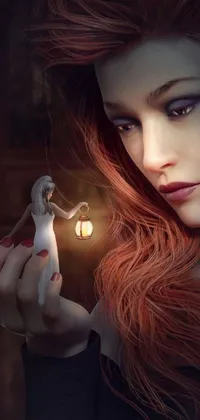 This phone live wallpaper showcases an image of a woman holding a small white doll in one hand, while a glowing light shines in the other against a dark background