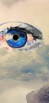 This stunning live wallpaper depicts a woman standing atop a cliff next to a mystical, blue eye