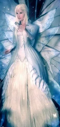 This live phone wallpaper showcases a stunning fairy dressed in a moth-inspired, white and pale blue toned dress