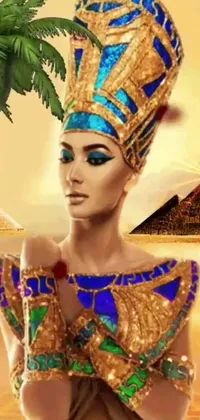 This phone live wallpaper showcases an elegant Egyptian woman standing before an impressive pyramid