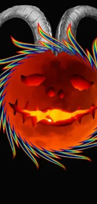 This phone live wallpaper features a dynamic and surrealist design depicting a pumpkin carved in the shape of a goat, emanating energy sparks, with glowing eyes and occasionally emitting cosmic energy wires