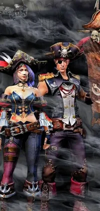 This pirate-themed live wallpaper features two illustrated characters donned in swashbuckling attire, standing together with a fiery, dynamic background