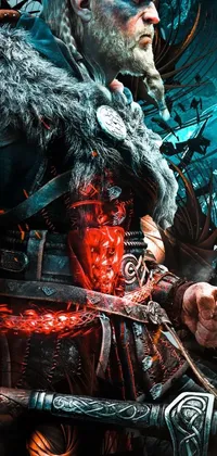 Get a captivating live wallpaper featuring a close-up of a shaman wearing a Viking-style outfit and taking a combat stance while holding a sword