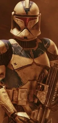 This phone live wallpaper depicts a Star Wars Clone Wars character holding a detailed rifle