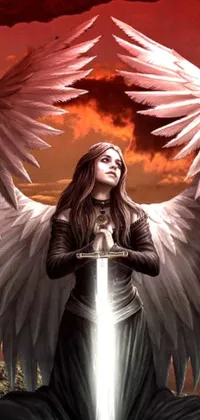 This stunning phone live wallpaper features a striking image of an angel holding a sword and adorned with a halo