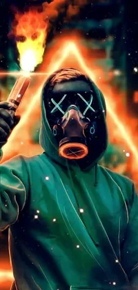 This phone live wallpaper features a surreal image of a gas mask-wearing man yielding a knife