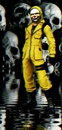 This lively phone wallpaper is a stunning digital artwork in yellow overall and reflective suit featuring a person standing among skulls