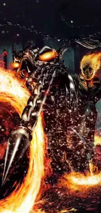 This live wallpaper features a fiery scene of a person riding a motorcycle on fire