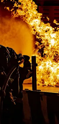 This live phone wallpaper shows a firefighter using a hose to put out a fire in a dramatic digital art scene featuring riot shields, group photo, 💣 💥💣 💥, and realistic textures