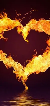 This live wallpaper showcases a mesmerizing display of flames in the shape of a heart set against a black background