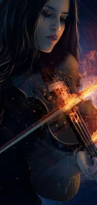 Looking for a <a href="/">phone wallpaper</a> with an epic fantasy and emo vibe? Check out this trending live wallpaper featuring a woman with long hair passionately playing a violin while engulfed in swirling flames and abstract shapes