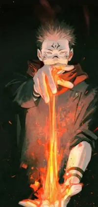 This live phone wallpaper captures a close-up of a hand holding a brightly burning flame