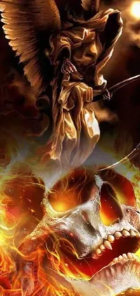 This phone live wallpaper features an image of an angel and skull on fire
