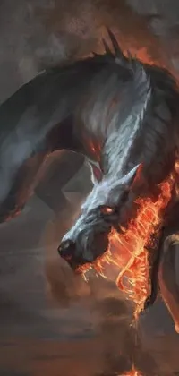 This phone live wallpaper showcases a fiery painting of a dog with flames erupting from its mouth