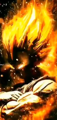 This anime-inspired live wallpaper features a dynamic close-up of a spiky-haired character in front of a vibrant flames backdrop