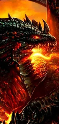 This stunning live wallpaper features a captivating dragon in intricate armor set against a background of black fire