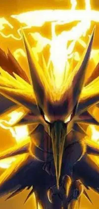 Looking for a vibrant and intense phone wallpaper? Check out this stunning graphic featuring a powerful pokemon character! The close-up shot features a phoenix-like creature with long, spiky appendages and a shiny, golden beak